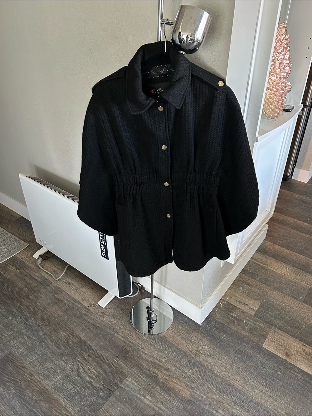 Guess Black Button-Front Cinched Waist Wool Blend Cape